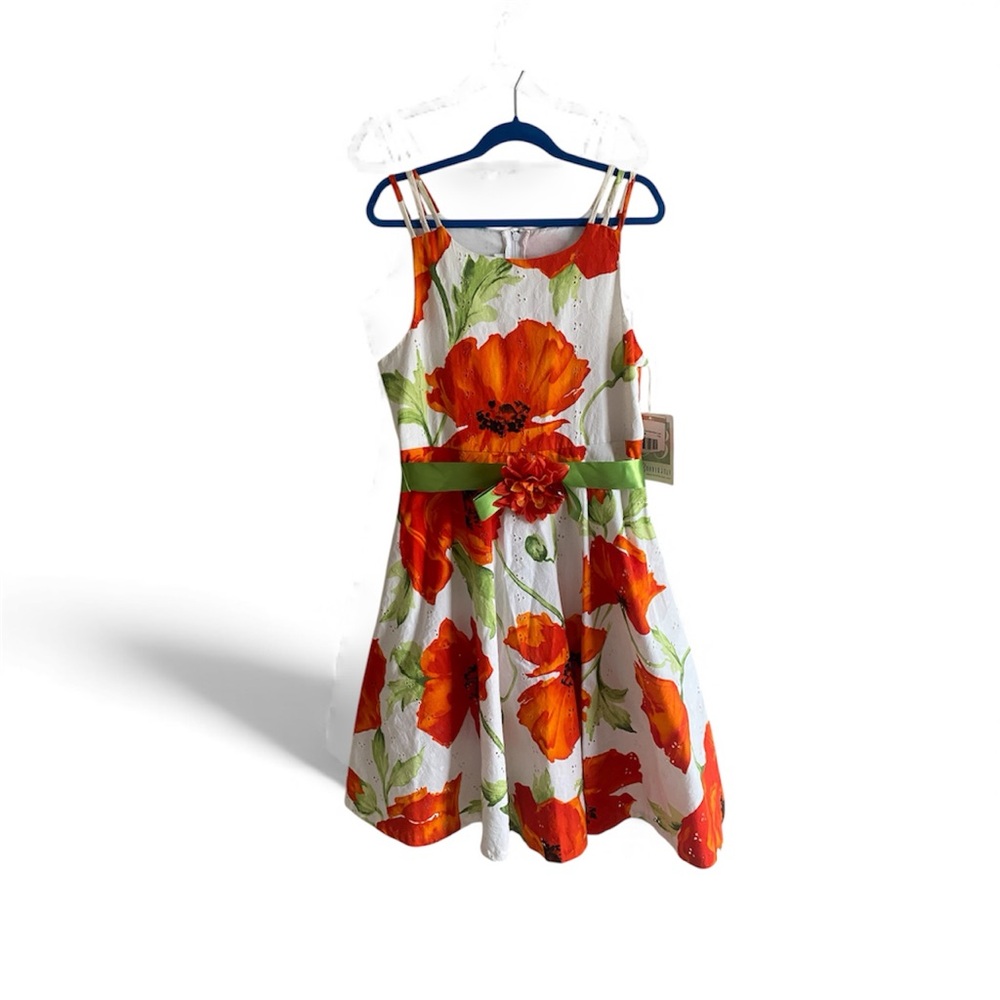 Bonnie Jean Girls 12 Floral Poppy Print Sundress White Orange Ribbon Party Dress